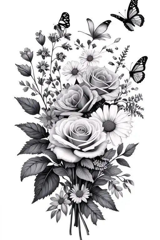 flowers with leaves and butterflies fluttering minimalist for shoulder realistic  with roses daisies lavender and lillie tattoo design idea
