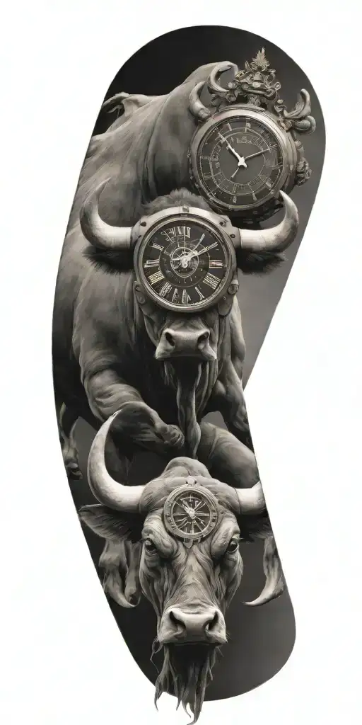 A powerful bull with a clock face as its eye, symbolizing strength and the value of time in the Army Special Forces. tattoo design idea
