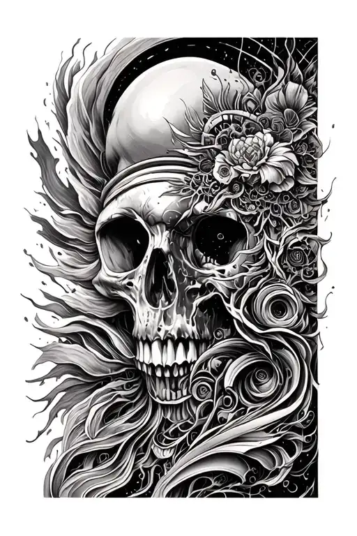 "A highly detailed, full-arm sleeve tattoo that merges the chaotic energy of a new-age psychedelic trip with futuristic  tattoo design idea