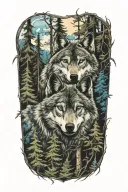 wolf blue eyes howling forest landscape tattoo design idea
