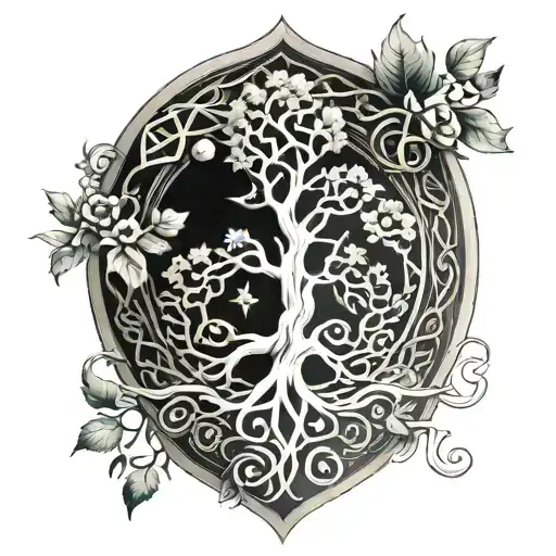 shield with twisted tree of life engraving. also include overgrowth and an engraving of the celtic knot for luck. tattoo design idea