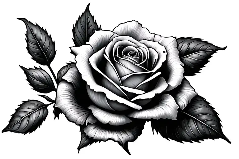 A black and grey tattoo design of a single rose with detailed petals and shaded leaves, sized 3 to 4 inches. The rose sh tattoo design idea