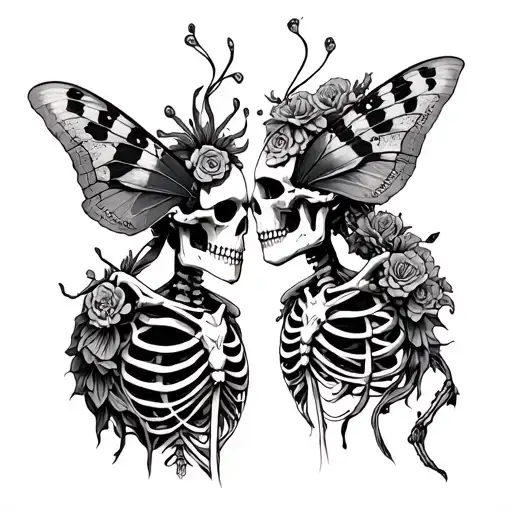two male skeletons facing each other with the words despues de muertos amarnos mas, intricate lunar moth, marigold embel tattoo design idea
