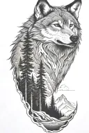 wolf and  mountains and trees tattoo design idea