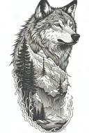 wolf and  mountains and trees tattoo design idea