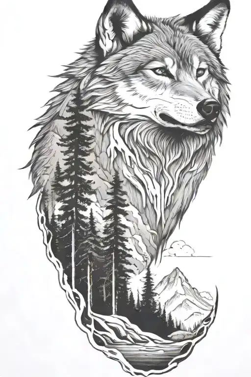 wolf and  mountains and trees tattoo design idea