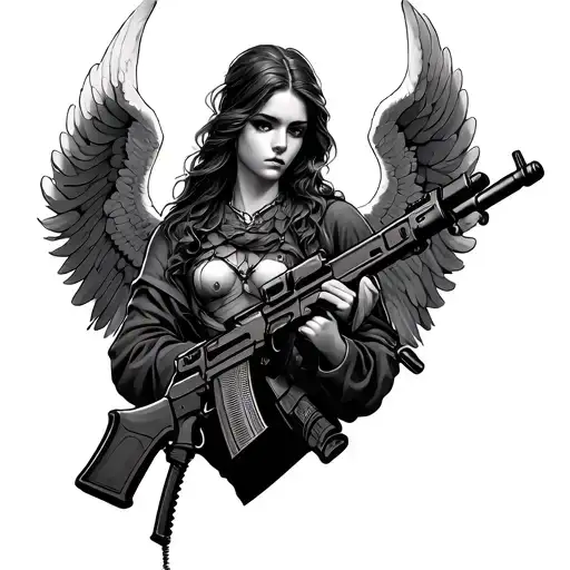 angel with and ak 47 assault rifle tattoo design idea