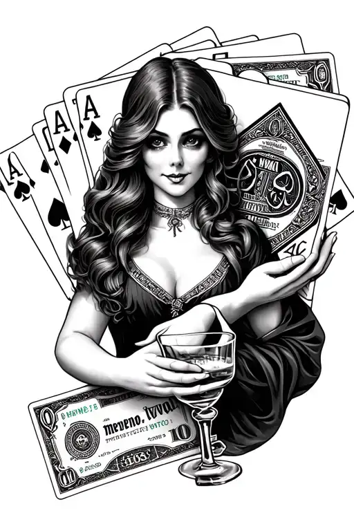 Monopoly money, key, whiskey glass, 4 aces held by woman's hand, memento mori, memento vivere tattoo design idea