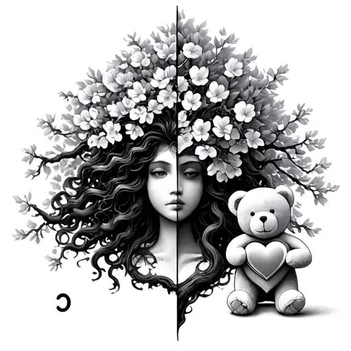 Cherry blossom tree with half of it being a poison tree, a face of Medusa, a semicolon, and a teddy bear holding a heart tattoo design idea