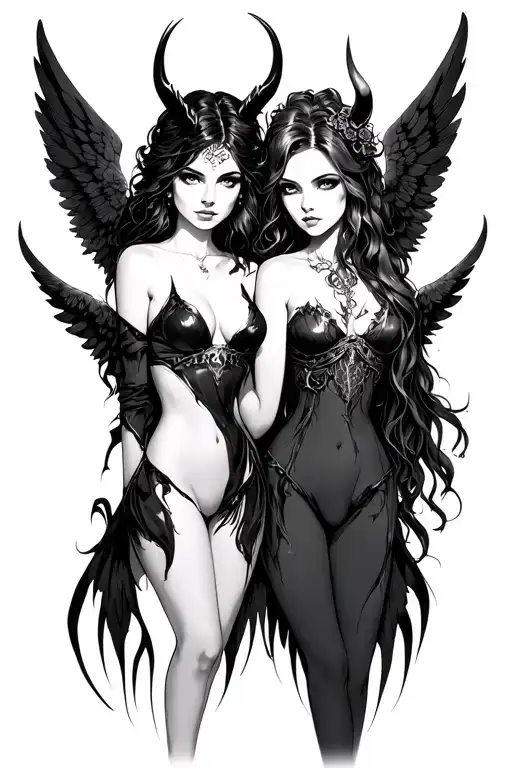 Gemini female twins good and evil. Good has angel wings and evil side leather-like wings. Add a taurus head between them tattoo design idea