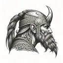 Viking head profile with braids un front of an ax blade tattoo design idea