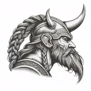 Viking head profile with braids un front of an ax blade tattoo design idea