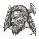 Viking head profile with braids un front of an ax blade tattoo design idea