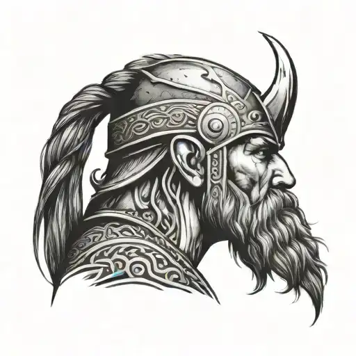 Viking head profile with braids un front of an ax blade tattoo design idea