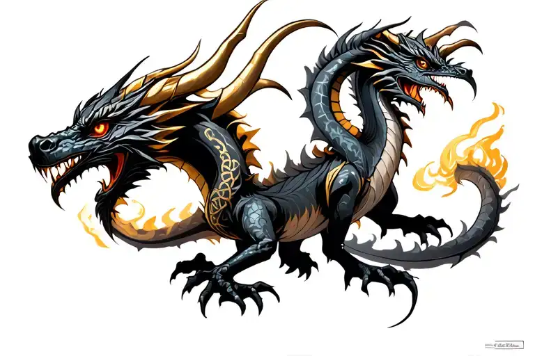 Dual dragons: UV-red/gold eyes, E/W horns. Gold tails→geo/Celtic. Smoke storm, 3D, UV runes, biomech. Matte b/g tattoo design idea