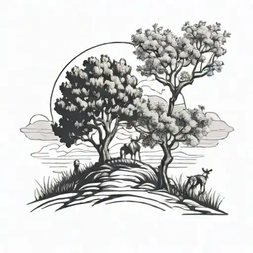 meadow with olive tree and lone Viking warrior next to It tattoo design idea