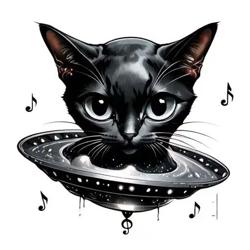Black cat treble clef alien ufo tattoo design idea