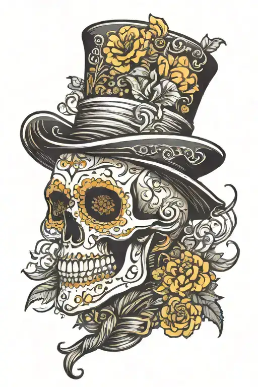 profile of Mexican skull with top hat, surrounded by marigolds tattoo design idea