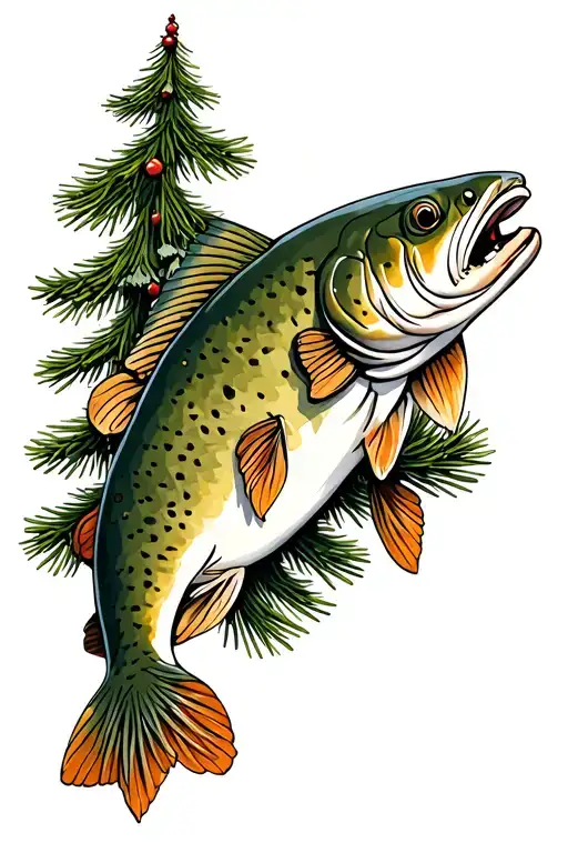 a trout and pine tree together tattoo design idea