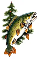 a trout and pine tree together tattoo design idea