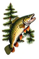 a trout and pine tree together tattoo design idea