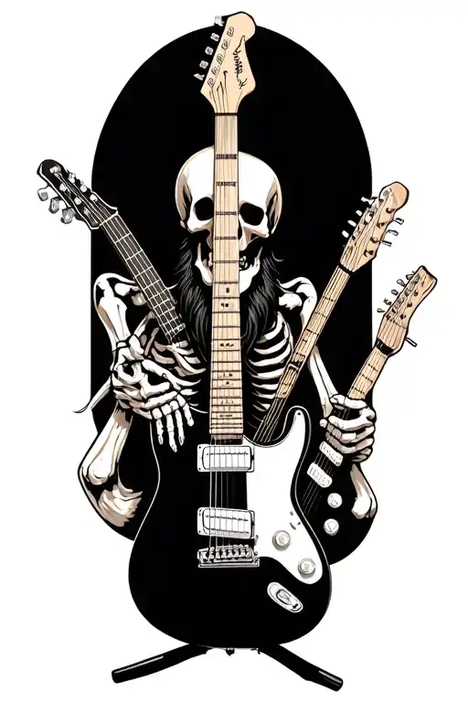 2 guitars including 1 fender telecaster and 1 Gibson les Paul held with one hand each by a bearded skeleton tattoo design idea