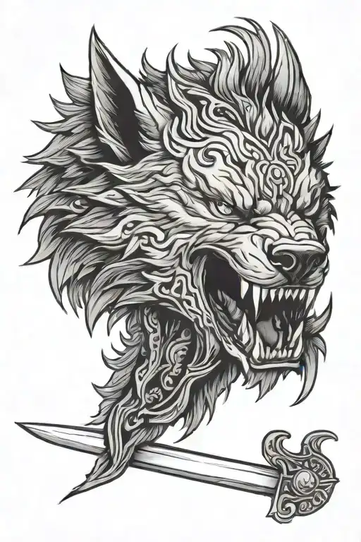 a head on image of Fenrir with a sword stabbed through Fenrir's mouth vertically while he is snarling  tattoo design idea