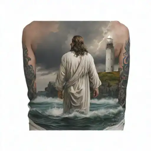 Hyper Realistic, Portrait of Jesus Christ walking from the back towards a Lighthouse in the distance, stormy waters tattoo design idea