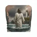 Hyper Realistic, Portrait of Jesus Christ walking from the back towards a Lighthouse in the distance, stormy waters tattoo design idea