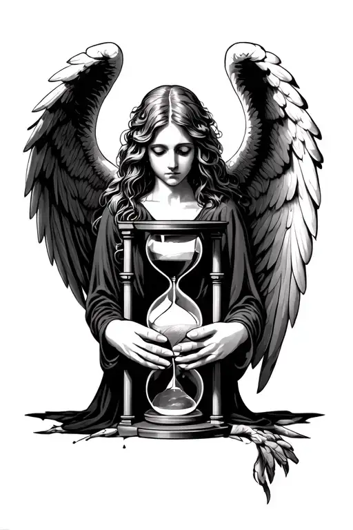 Angel with decaying wings and a hourglass between hands tattoo design idea
