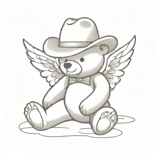 teddy bear sitting with the letter T on its foot print with cowboy hat and wings tattoo design idea