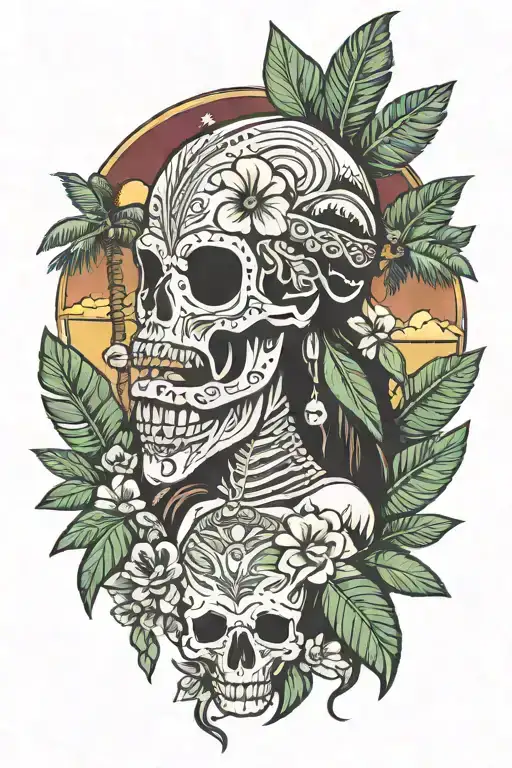 volcano with tattooed hula girl palm skull mask  tattoo design idea