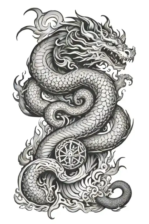 oroboros full sleeve with fire, earth, water and air elements tattoo design idea