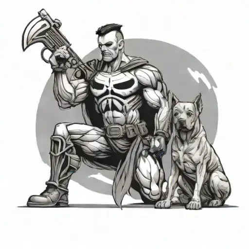 Create a black and grey tattoo of a muscular punisher figure holding a shield with a dog by his side, representing your strength and loyalty tattoo design idea