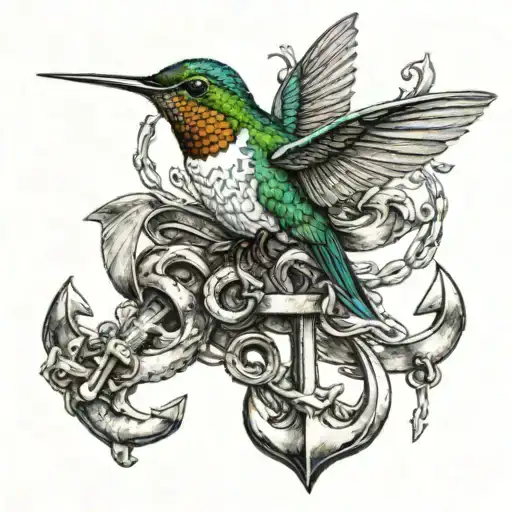 A Jamaican hummingbird perched on an anchor, symbolizing your love for Jamaica and your time in the navy tattoo design idea