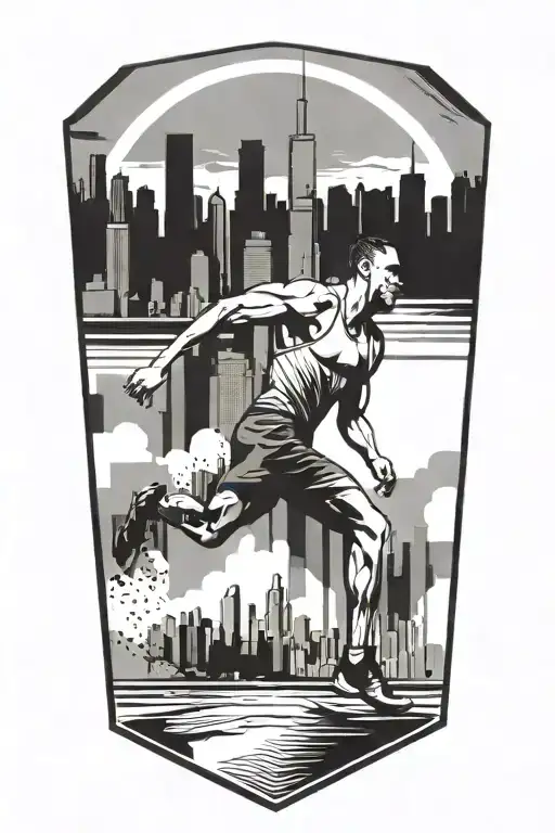 Geometric Chicago Skyline with Marathon Runner crossing finish line tattoo design idea