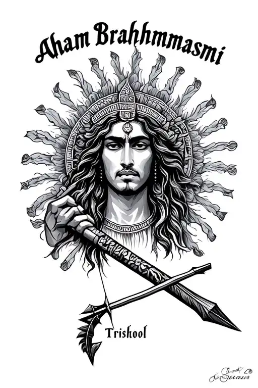 "Aham Brahmasmi" trishool bow arrow flute tattoo design idea