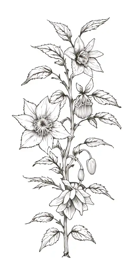 fine line of climbing plants with hellebore, nightshade and belladonna tattoo design idea