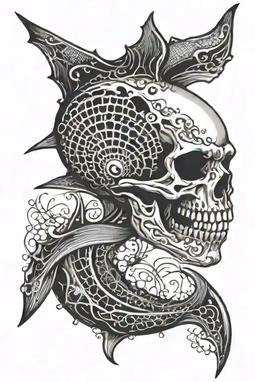 Shark skull black and white bursting through blue and white beautiful waves with fishnet and pearl frame tattoo design idea