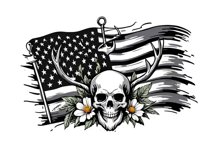 American flag, with skull, anchor, wild flowers and buck tattoo design idea