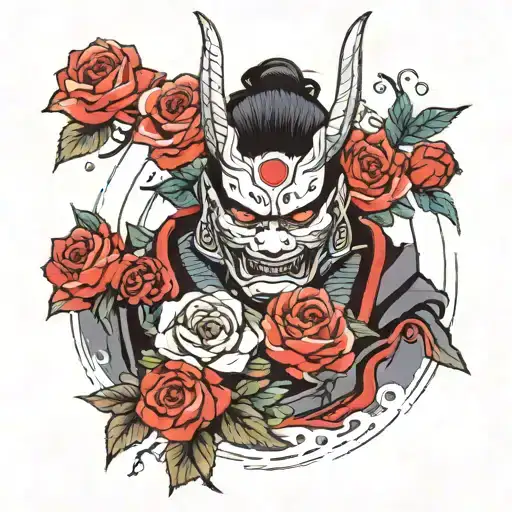 a samurai with an oni mask who has a bouquet of roses instead of a sword tattoo design idea
