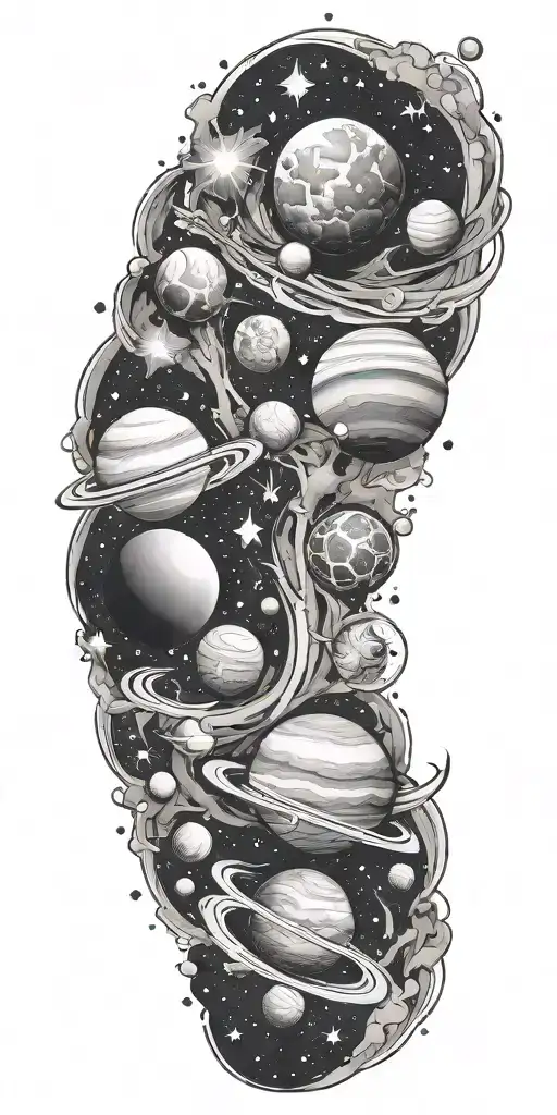 space tattoo with planets and stars shining tattoo design idea