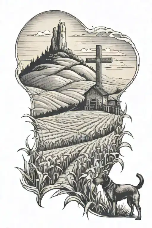 corn fields with cross on a hill and dog running up the hill  tattoo design idea