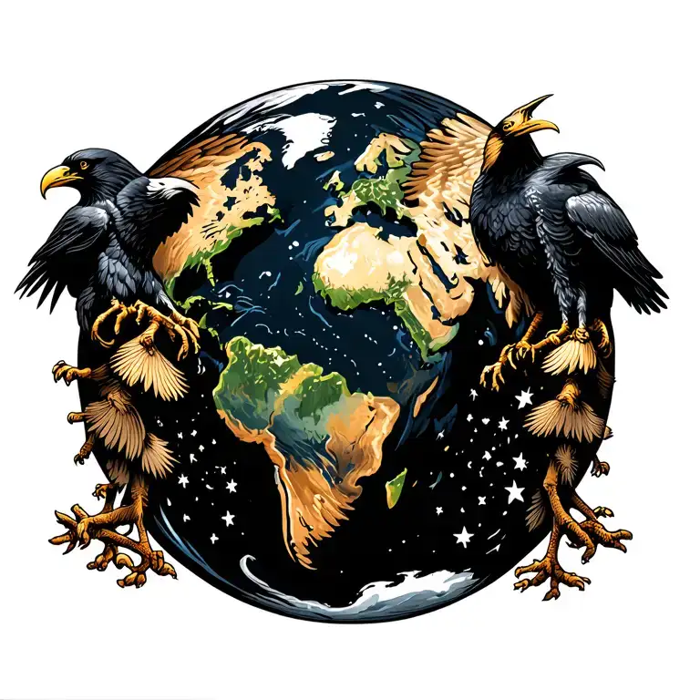 I want, in the middle of my back, the planet Earth in the shape of a globe, with a golden eagle and a raven on each side tattoo design idea