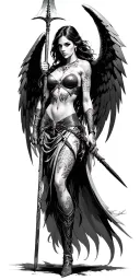 fantasy style, tattooed, female battle angel using a spear tattoo design idea