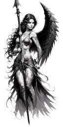 fantasy style, tattooed, female battle angel using a spear tattoo design idea