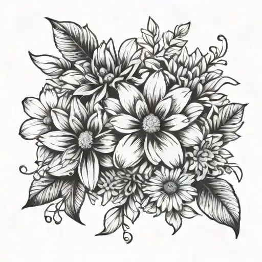 a dahlia, frangipani and gerbera intertwined tattoo design idea