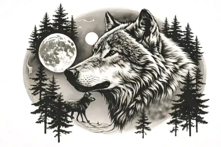 wolf head at the moon with forest scene inspired tattoo design idea