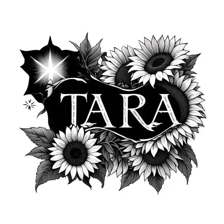 The name (TARA) with the northern star Surrounded by sunflowers  tattoo design idea