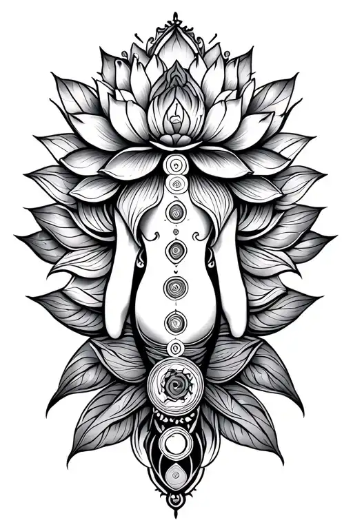 leg sleev,Detailed spiritual lotus on the knee joined down to design, resembling strength and freedom. Seven chakras tattoo design idea